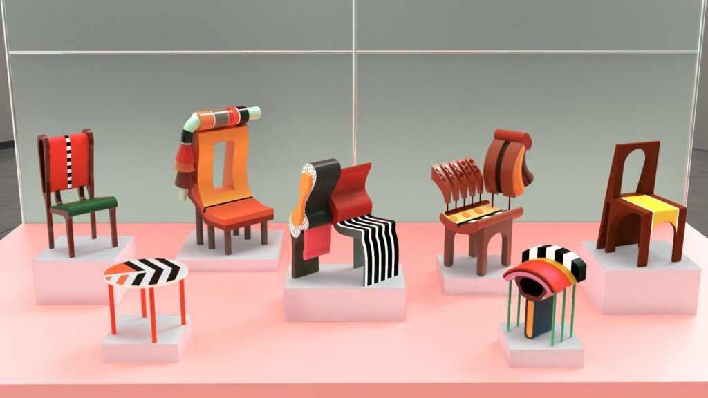 Launch Pad Playground display with crazy shaped and colored furniture