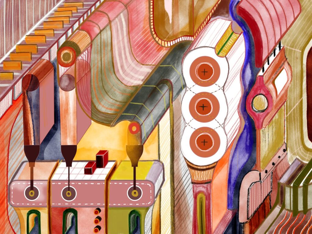 Launch Pad colorful steam punk drawing by Mana Sazegara