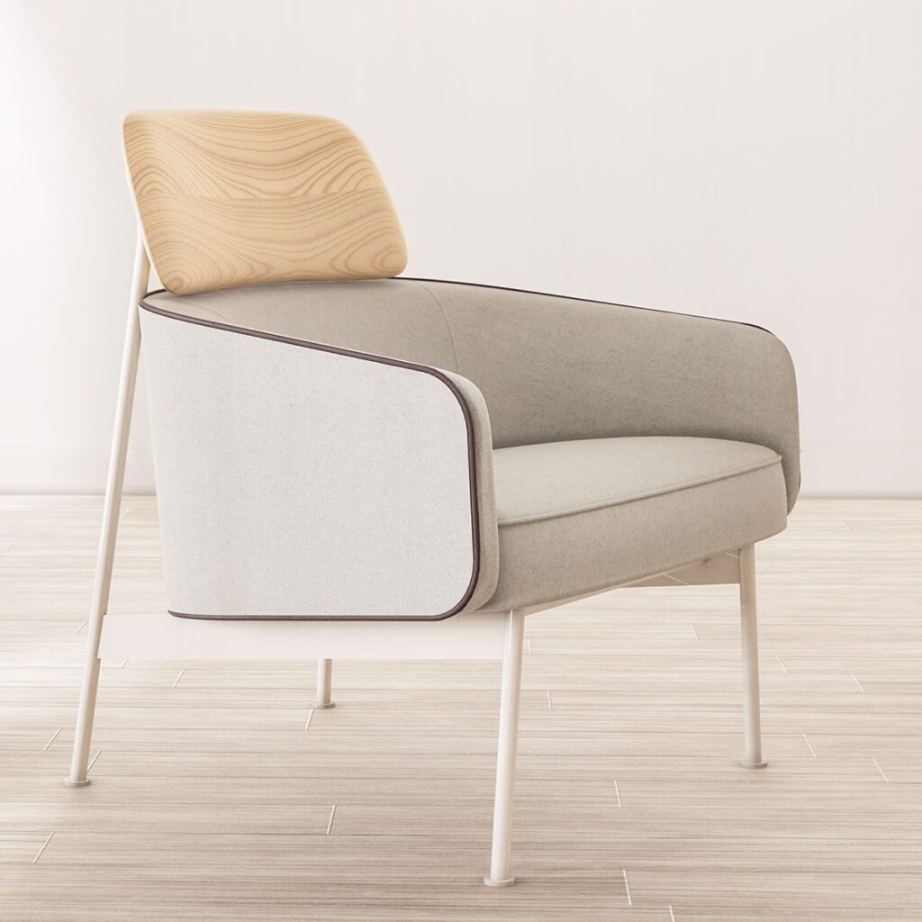 Toluca chair light gra upholstery with brown welting and ash headrest metal base