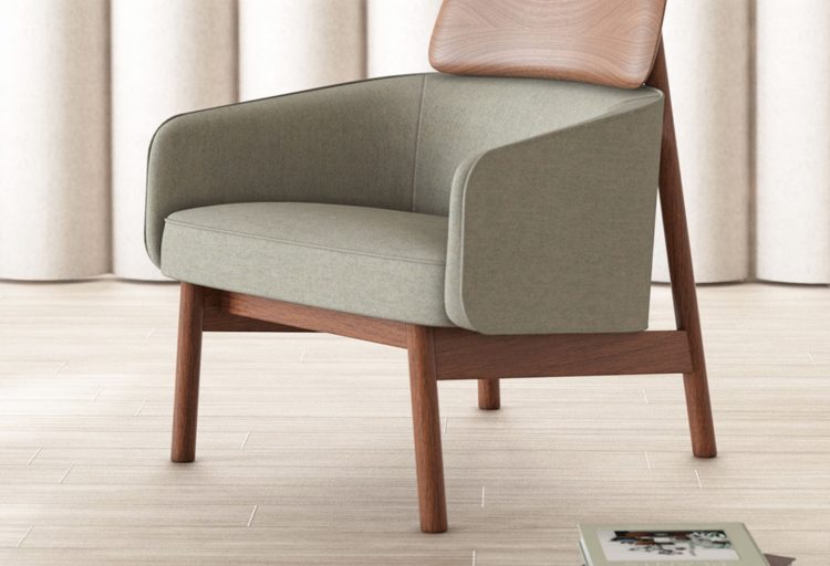 Toluca chair front view gray upholstery with walnut with books on floor