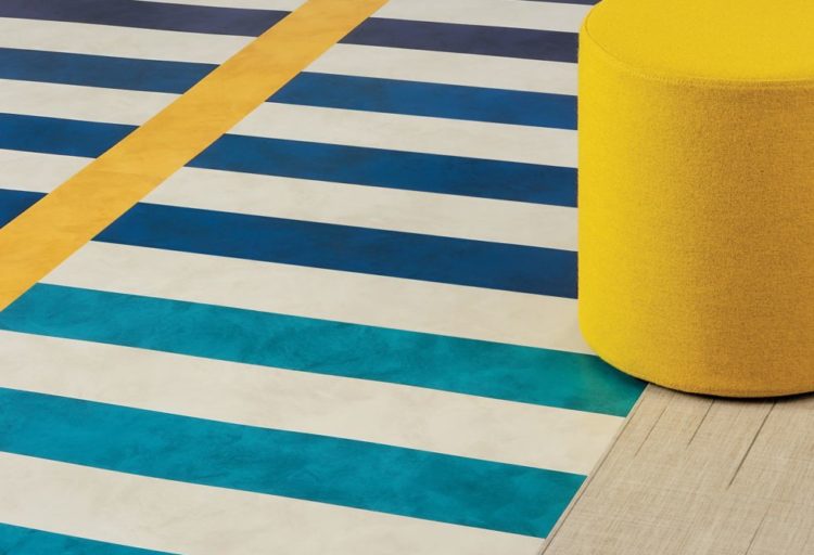 Armstrong Flooring Duo 2.5 mm LVT thick lines of white, teal, blue, and yellow