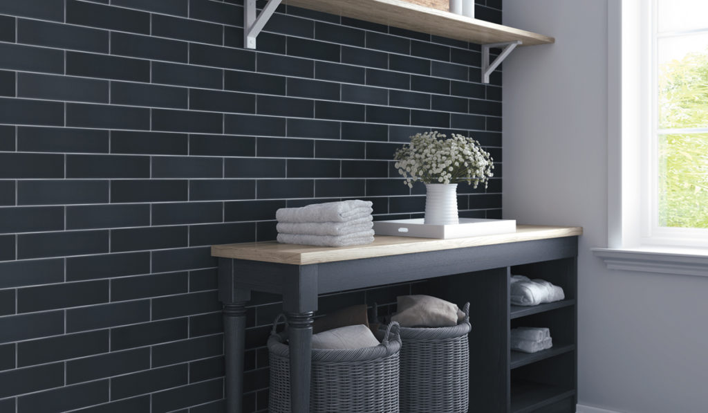 porcelain tile ceramic tile in navy from the Handwritten collection on bathroom wall