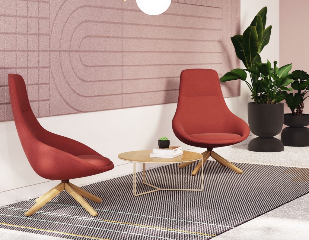Cove high-back two chairs in maroon with low table