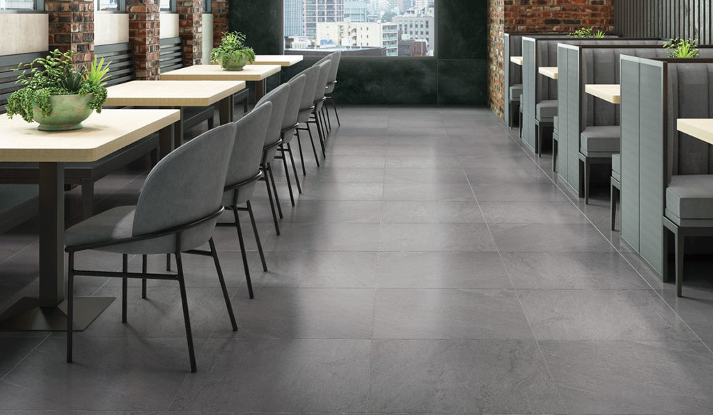 porcelain tile Owen Stone in gray in restaurant