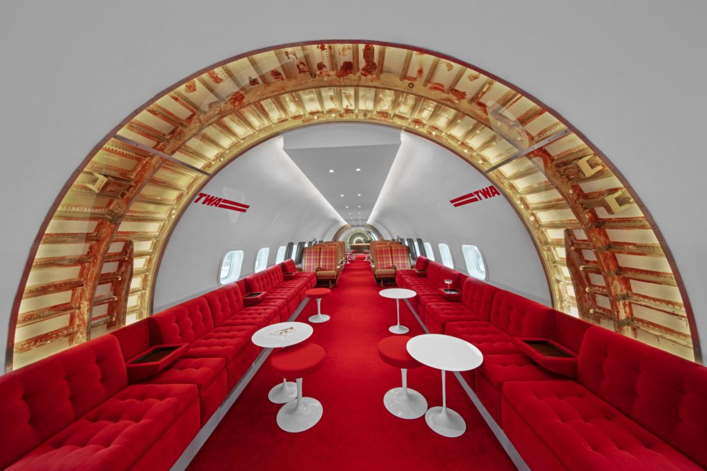 penny tiles Connie airplane interior cocktail lounge