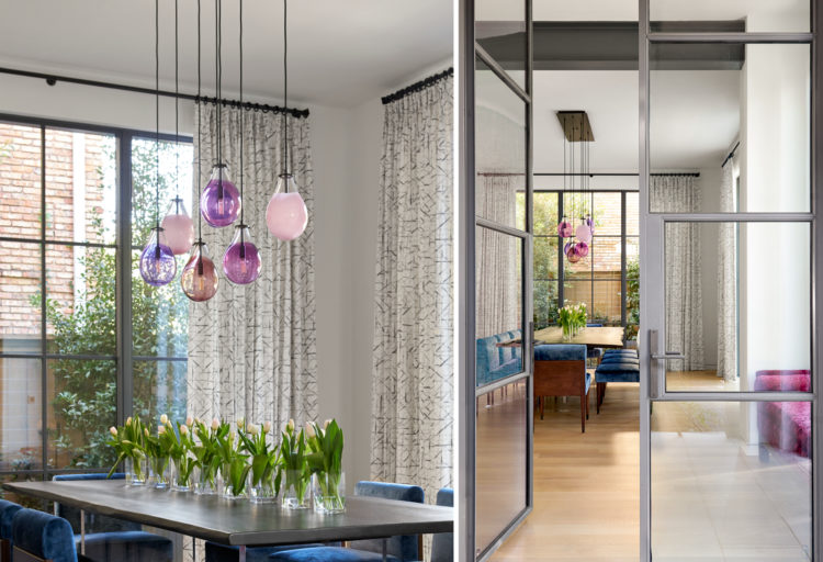 Teardrop pendant shades of pink in two rooms