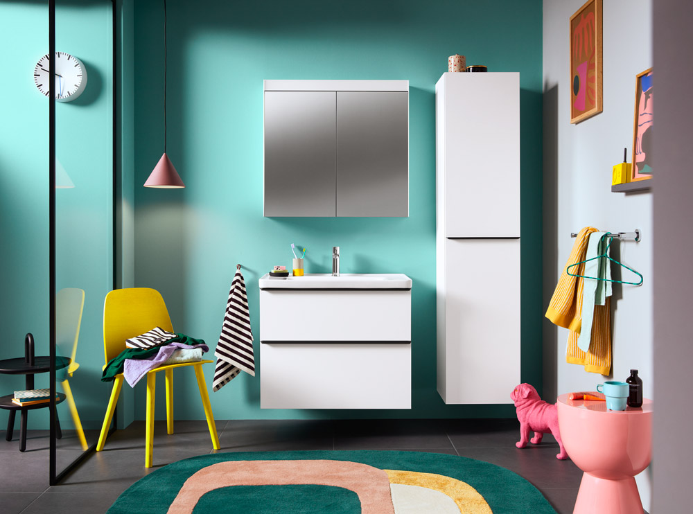 D-Neo Pop vanity, storage cabinet, and mirror in colorful bathroom