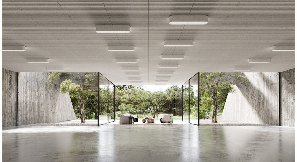 Ecoustic Lens linear style with LED on ceiling in white