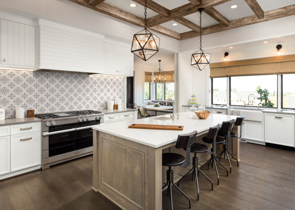 Walker Zanger Studio Cement collection ornate collection on backsplash of modern kitchen