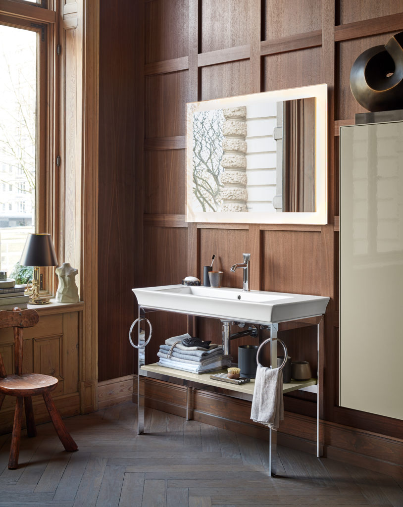 White Tulip console with white washbasin and metal frame