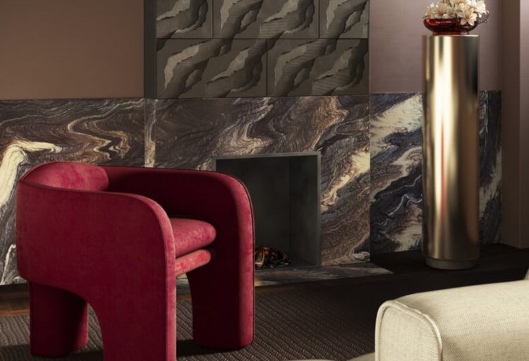 Fireplace surround with Cippolino Undulato swirling earthy brown tones