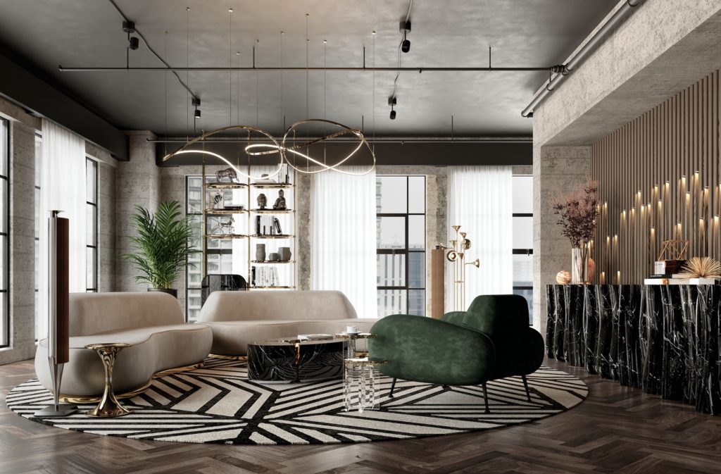 Boca do Lobo loft living room with Marco chair, Odette sofa, and Lapiaz table