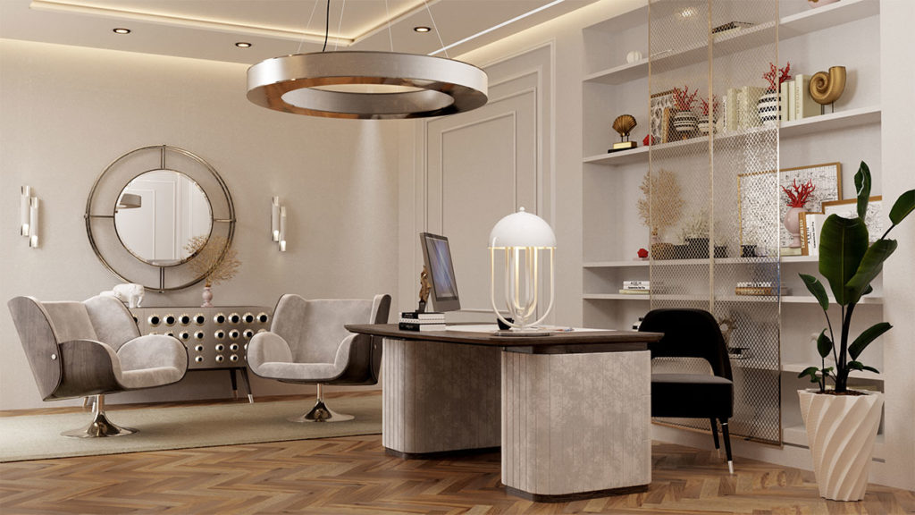 Edit desk side view in open office with lounge chairs and Monocles sideboard