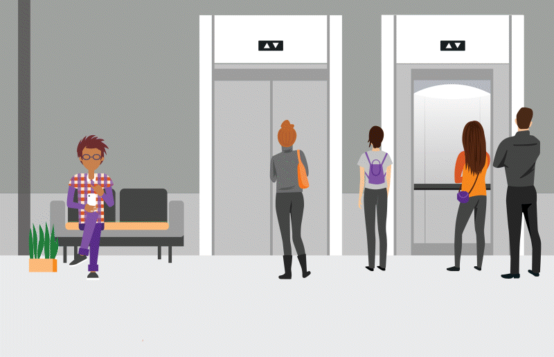 TK Elevator infographic with people waiting for elevator