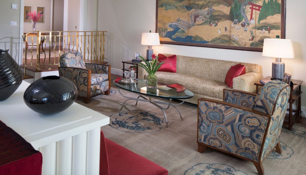 Nazmiyal Antique Chinese Rug in living room with matching chairs