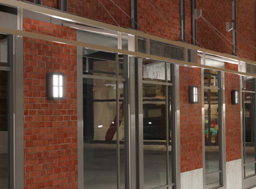 Scena square wall-mount lights with cross blade on brick building
