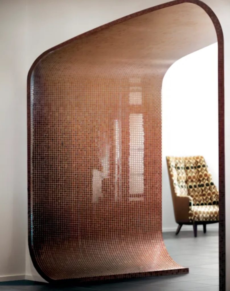 Glass Blox small mosaics in floor to ceiling featured wall browns