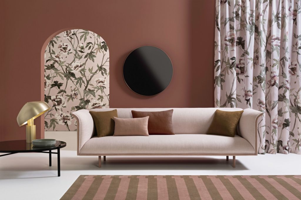 Mokum Peonia textile on curtains with peonies and stems in open living room