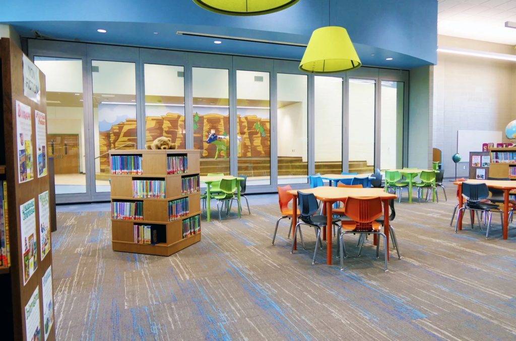 glass panel walls in school library closed