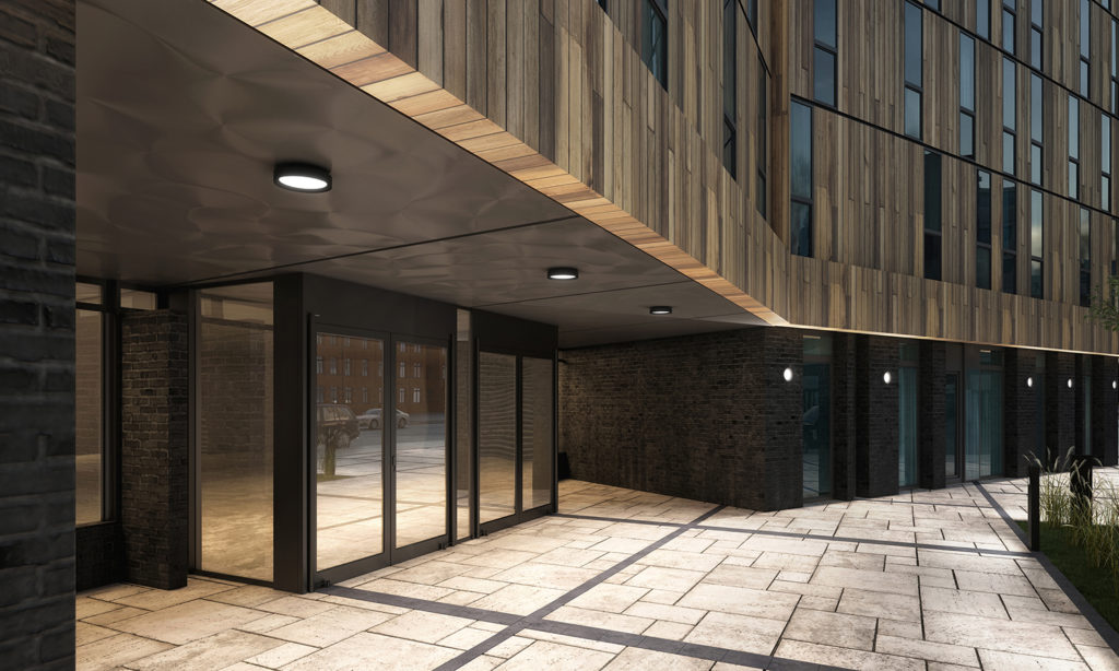 Scean wall-mount lights on building