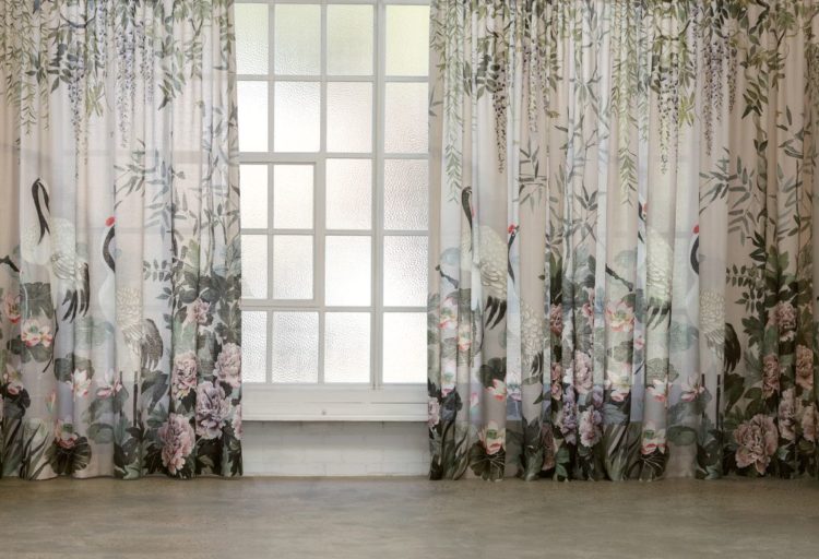 Mokum Oasis textiles with cranes and flowers