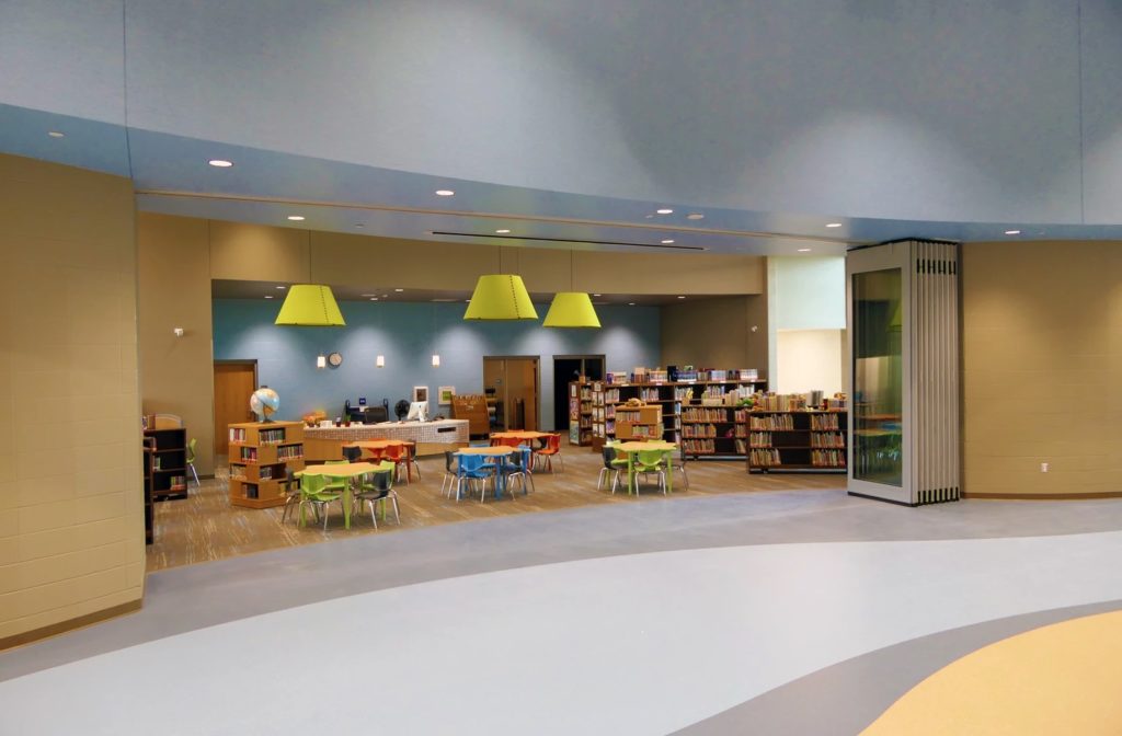 glass panel walls in library