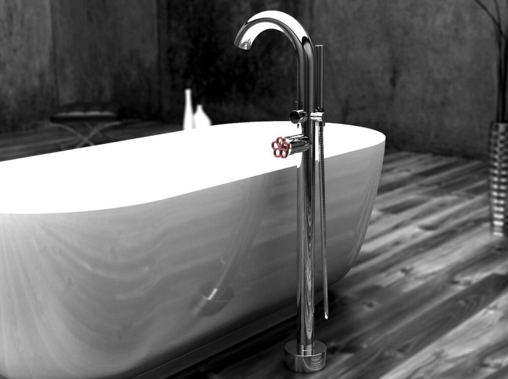 Industrial Chic freestanding tub filler aluminum with red handles