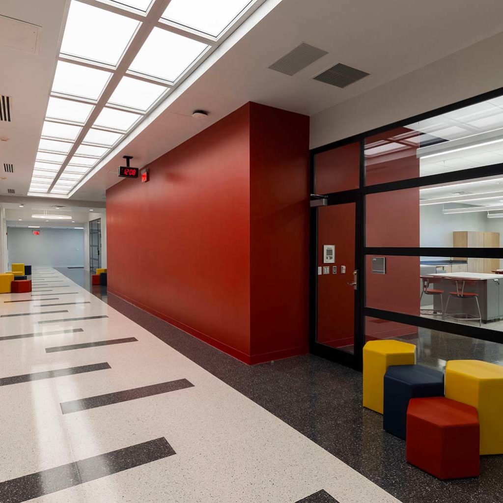 Lightglass on ceiling in high school hallway