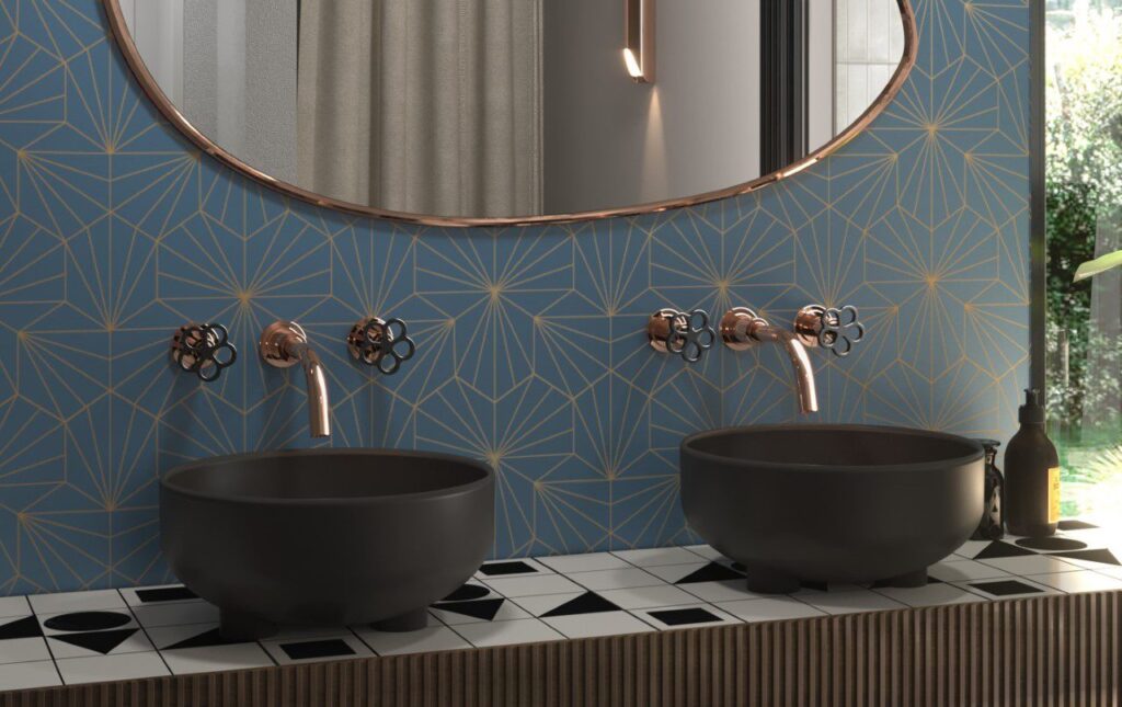 Industrial Chic wall-mounted faucet with blue handles in bathroom