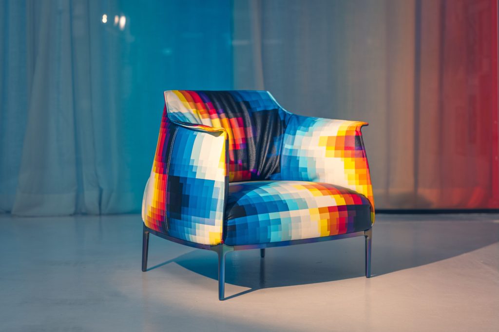 Archibald chair side view with curtains in background