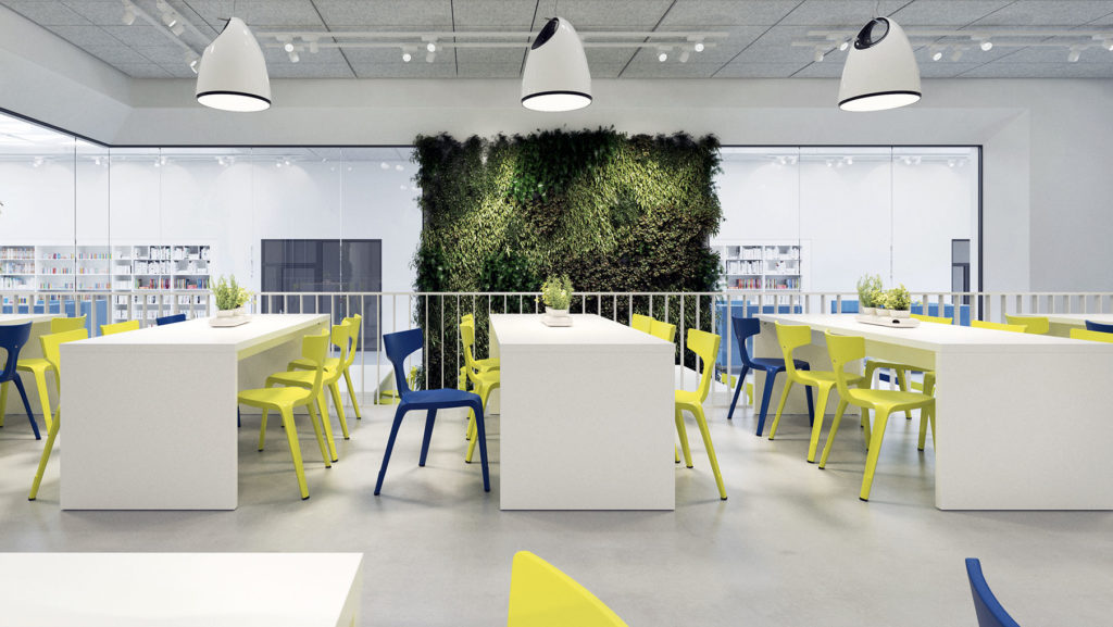 Stakki yellow and blue in cafeteria