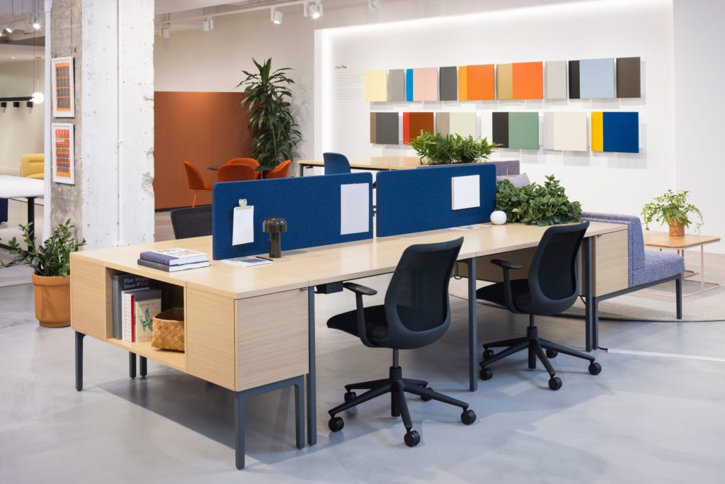 Black task chairs at workstation