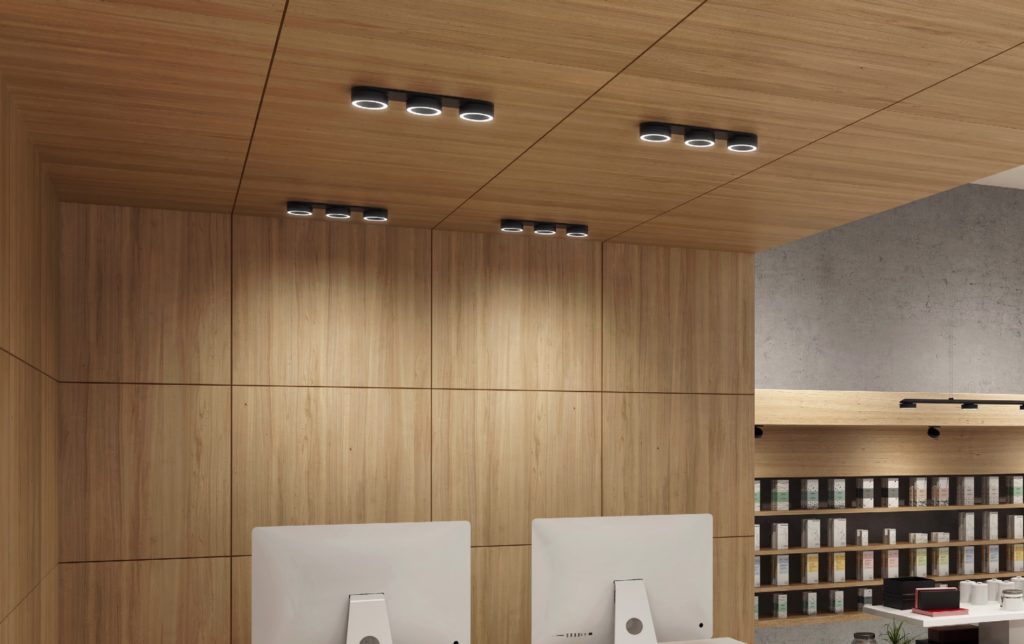 Eureka Outline four lights on wood paneled ceiling