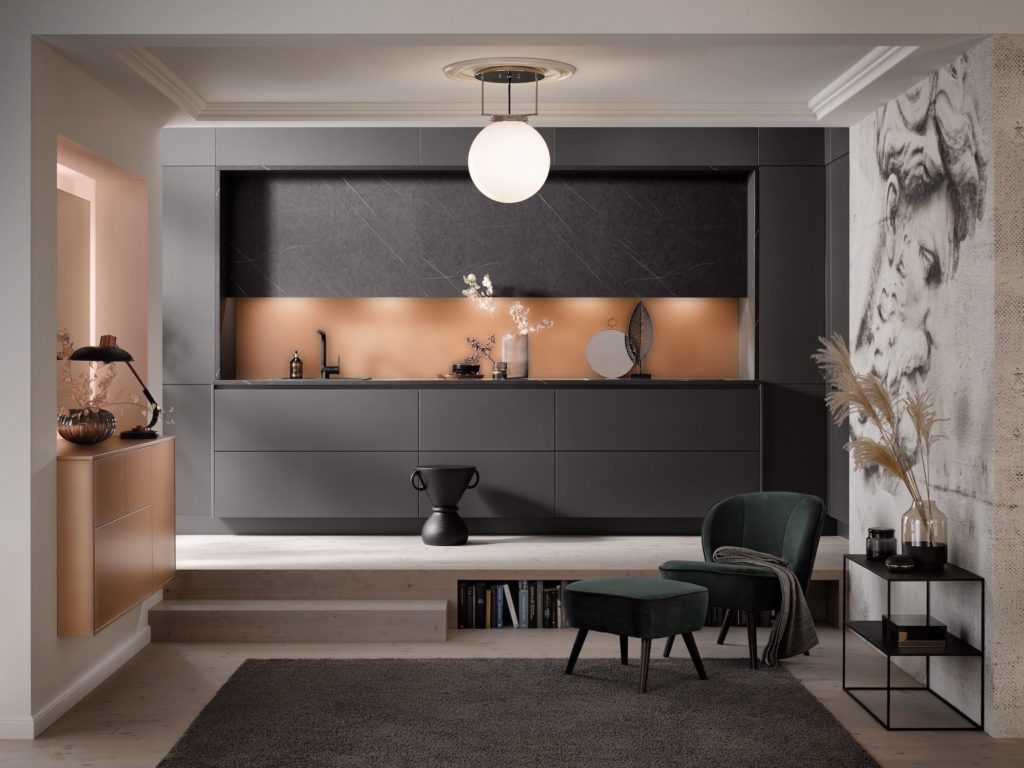 PerfectSense gray cabinets on featured wall in living room