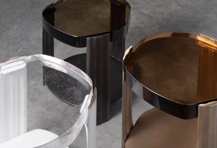 Tributary Table family three tables in glass