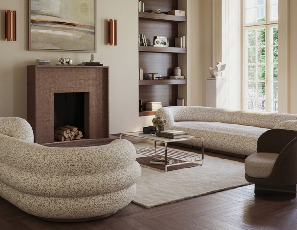 two sofas across from each other with fireplace between