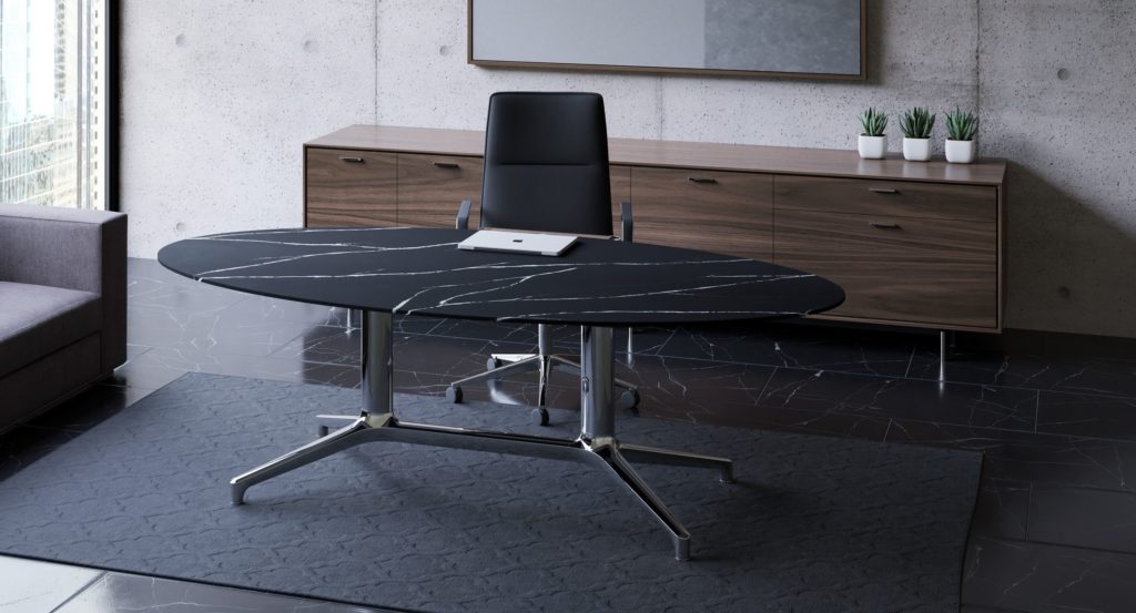 Helm desk by Halcom in black with white streaks