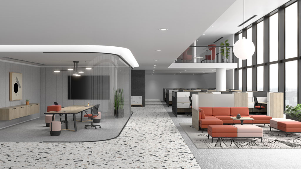Open plan loungy workspace with modular seating, booths, and conference table