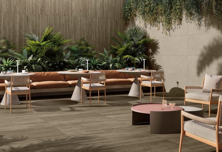 Nabi collection grayish/brown planks in outdoor scene with furniture