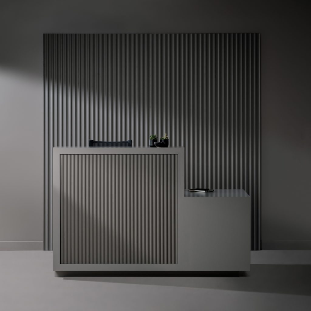 Profile in gray with two different depths/widths on reception station and wall behind it