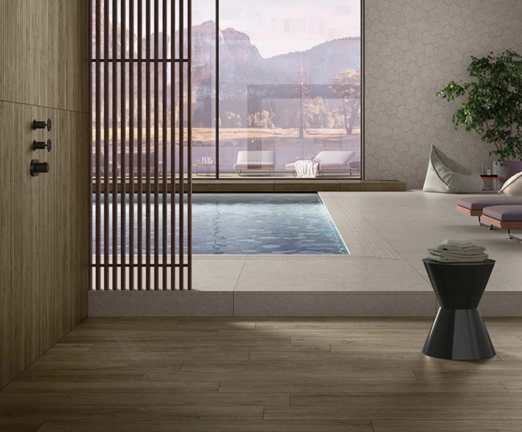 Nabi Collection planks in neutal color near pool