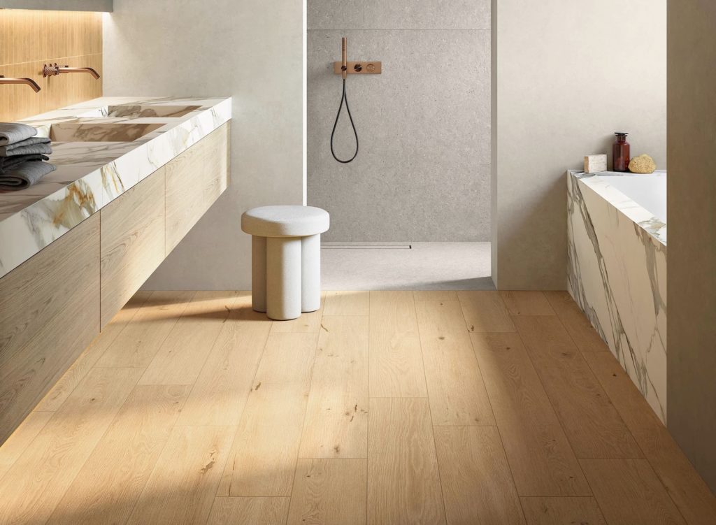 Nabi Collection honey planks in nice modern bathroom