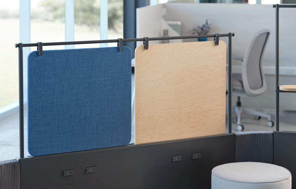 Mural screens in blue felt and wood veneer