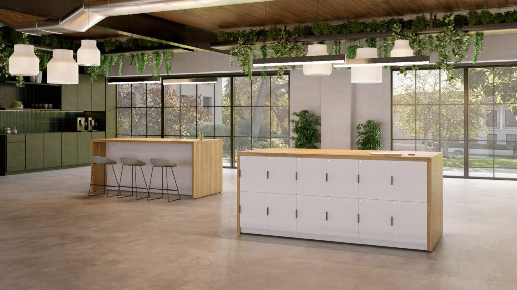 two storage units one with storage facing and one with chairs pulled in to work surface in a light-filled room with picture windows and view of trees