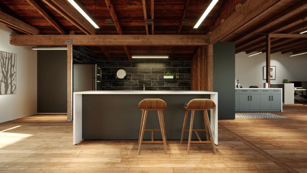 Avalon storage in nice room with wood beams and wood floor