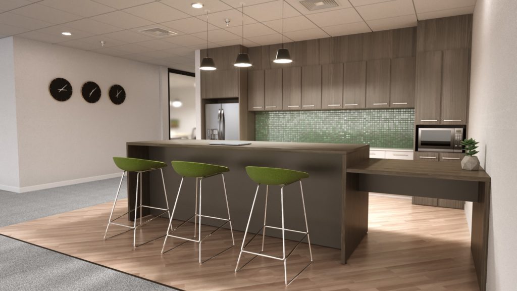 A desk/table/storage unit in putty brown color with table addition in office break room