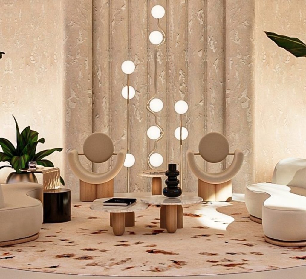 Volume Chair in lobby at Italian resort with other Covet house rugs, sofas, and lighting