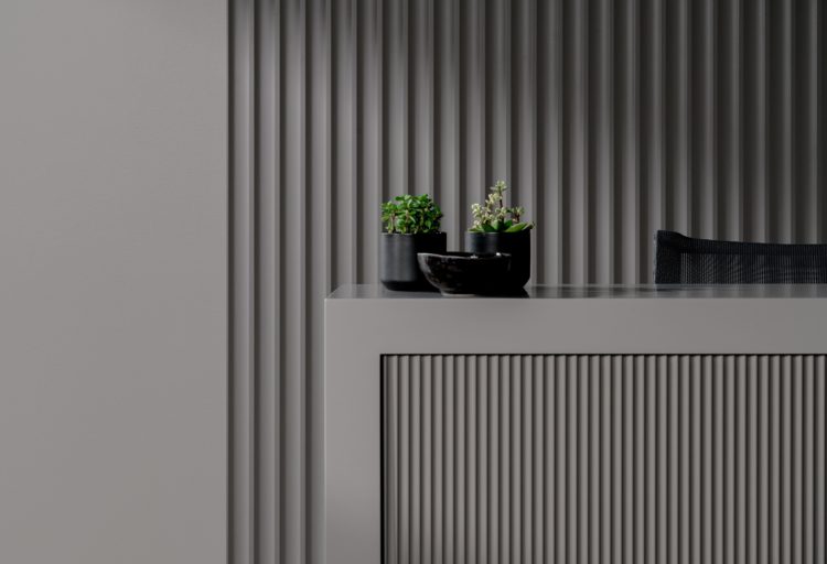 Profile panels in deep gray two styles on reception desk