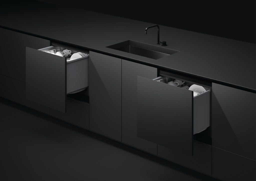 side by side DishDrawers with charcoal gray cabinetry