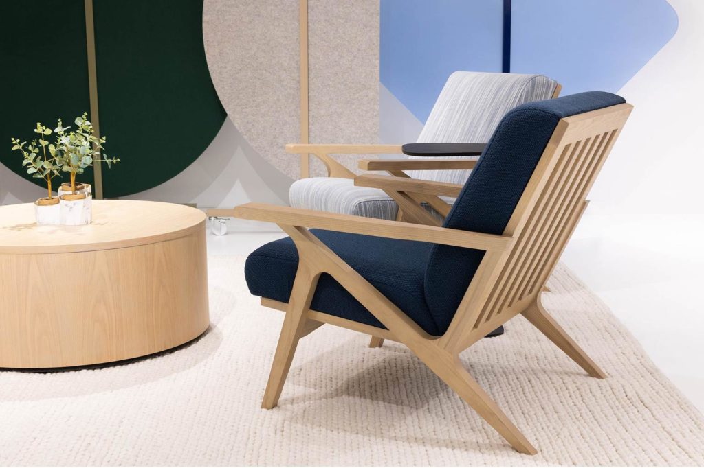 two Gin Chairs blue and gray with slatted back feature on one